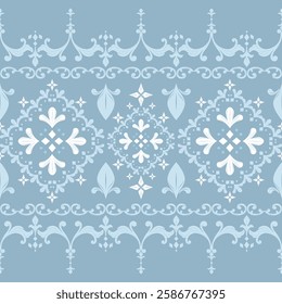 Traditional Stitch Weaves Whitework Lace on Pastel Blue Denim Pattern Elegance Tiny Light Florals Border for Detailed Handicraft Decoration Exquisite Rich Geometric Scroll Ornament Curly Wine Florals