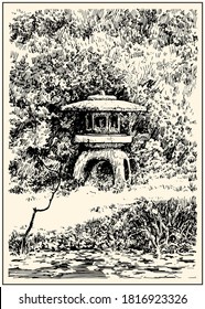 Traditional stone lantern (Toro)  in the japanese garden. Black and white hand drawing with pen and ink. Engraving, etching, sketch style.