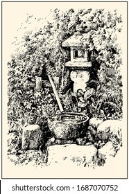 Traditional stone lantern (Toro) and stone water cup (Tsukubai) in the japanese garden. Black and white hand drawing with pen and ink. Engraving, etching, sketch style.