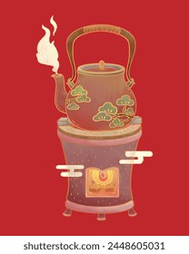 Traditional stove burning teapot with pine tree pattern