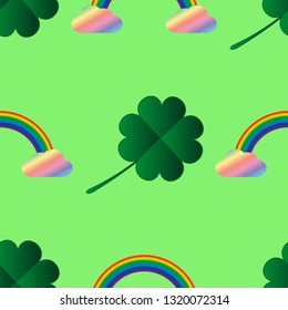 Traditional St.Patrick 's Day icons seamless pattern background. Green shamrock clover and rainbow with clouds. Vector EPS 10 illustration. 