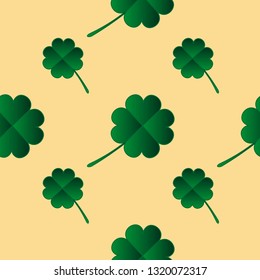 Traditional St.Patrick 's Day icons seamless pattern on the yellow background. Green shamrock clovers. Vector EPS 10 illustration. 