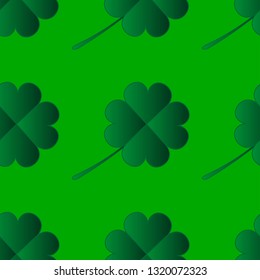 Traditional St.Patrick 's Day icons seamless pattern on the light green background. Green shamrock clovers. Vector EPS 10 illustration. 