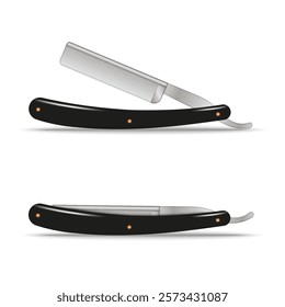 Traditional straight razor with black handle realistic vector 3d object isolated on white background, open and closed positions, showcasing vintage barber tools for professional shaving and grooming.