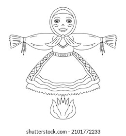 Traditional straw effigy in Slavic costume for Maslenitsa or Shrovetide, Russian pancake week festival carnival. Maslenitsa doll vector illustration in black outline isolated on white background.