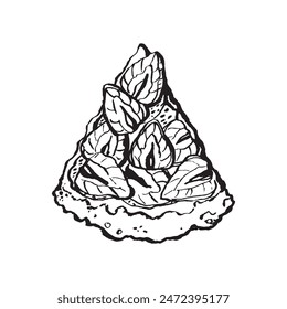 Traditional strawberry pie sketch. Homemade strawberry tart drawing. Piece of pie top view. Sweet bakery.Vector illustration on white background.