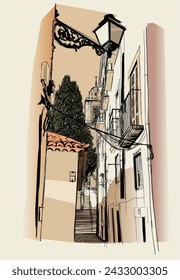 Traditional street in Alfama, Lisbon, Portugal - vector illustration