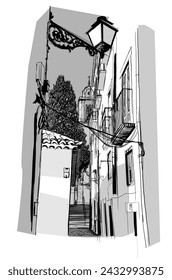 Traditional street in Alfama - vector illustration
