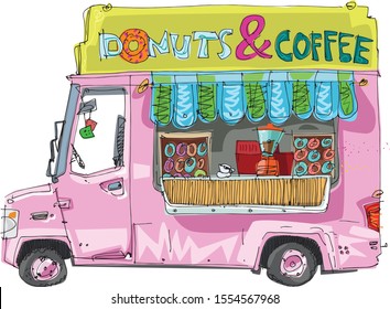 A traditional street food truck specialized at coffee and donuts. Caricature. Cartoon.