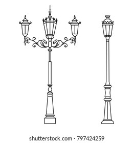 Traditional street light with floral decoration and three lamps in flat line design. Streetlight, lamp pole, column, standard illustration - element for city constructors, maps, tourist guides. 