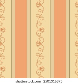 Traditional stripe pattern with vertical bands in soft, warm tones interspersed with intricate floral motifs. Suitable for wallpapers, upholstery, and other decorative textiles.