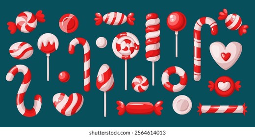 Traditional striped Christmas candies flat color vector objects set. Tasty sugar treats for children illustrations bundle on green background