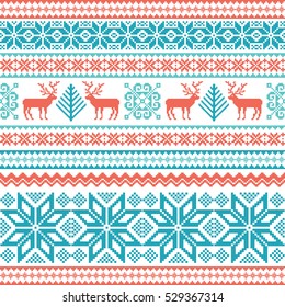 Traditional striped knitted winter seamless pattern. Christmas background with deer, snowflake and tree