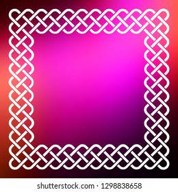 Traditional style braided knot celtic frame over square abstract smooth blur pink background.