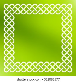 Traditional style braided knot celtic frame over square abstract smooth blur green background.
