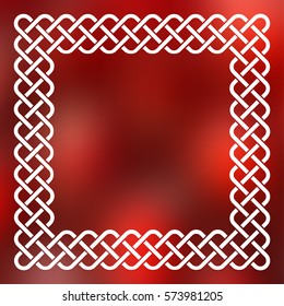 Traditional style braided knot celtic frame over square abstract smooth blur red background.