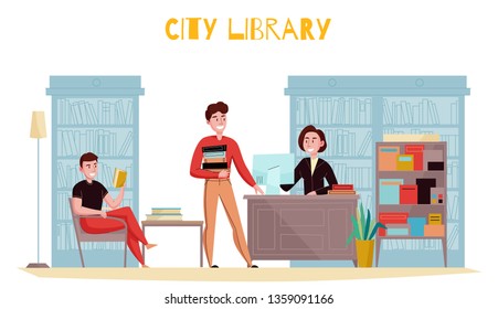 Traditional style library interior flat composition with customers reading books consulting librarian against bookshelves background vector illustration
