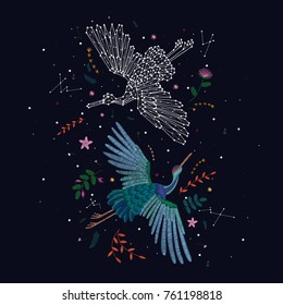 
traditional stylish stylish embroidery on the black background. cranes fly and plants. constellation of birds, abstract style. sketch for printing on clothes. vector. trend