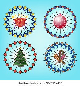 Traditional subjects of the new year, Box with gifts, Christmas tree, sweet candy, Christmas ball
