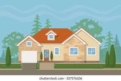 Traditional suburban house with the environment (sky,trees, lawn). Vector flat illustration.