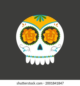 Traditional sugar Mexican skull. Day of the dead skull. Vector illustration isolated on dark background