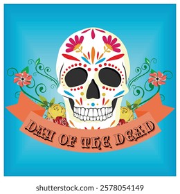 Traditional sugar skull adorned with intricate designs, flowers, and decorative elements, celebrating the Mexican holiday Dia de los Muertos in a lively and artistic depiction.