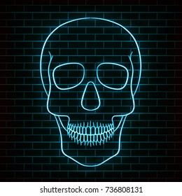Traditional sugar skull. Element of design for the day of the dead. Neon light on a brick background.