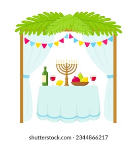 Traditional Sukkah hut with decorations and table with food for Jewish holiday Sukkot. Cute cartoon design, isolated vector illustration.