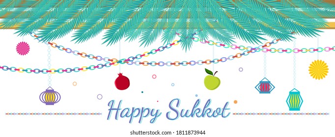 Traditional Sukkah for the Jewish Holiday Sukkot Vector illustration background. Happy sukkot banner. Tropical palm tree leafs frame, colorful bunting, garlands, paper lanterns decoration.