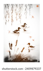 Traditional Sumi-e ink painting with ducks on water, willow branches, and dragonflies. Serene and evocative of nature's beauty.Hieroglyph - zen.