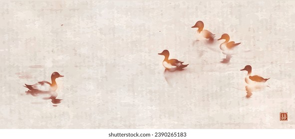 Traditional Sumi-e ink painting of a flock of ducks swimming in water, depicted in a minimalist style on vintage background. Hieroglyph - double luck.