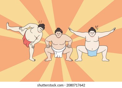 Traditional sumo wrestling fight concept. Group of japanese men fighters practicing sumo during workout or fight vector illustration 