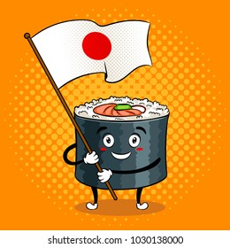 Traditional sushi roll with japanese sword pop art retro vector illustration. Cartoon character. Color background. Comic book style imitation.