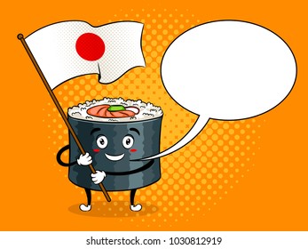 Traditional sushi roll with japanese sword pop art retro vector illustration. Cartoon character. Text bubble. Color background. Comic book style imitation.