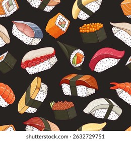 Traditional sushi seamless vector pattern. Japanese food background design
