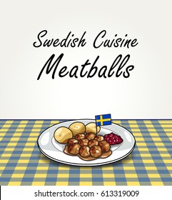 Traditional Swedish Meal - Vector Meatballs with Boiled Potatoes and Lingonberry Jam