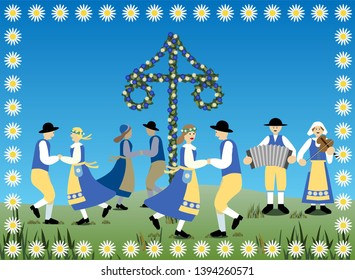 Traditional Swedish midsummer dance in typical national dresses. Vector Illustration