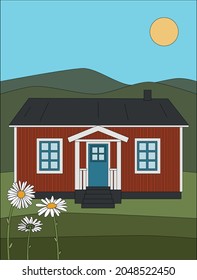 Traditional Swedish red cottage in summer