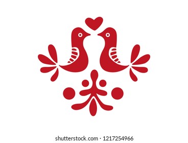 Traditional Swedish red vector illustration with two beautiful fall in love birds