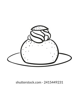 Traditional Swedish semla, hand drawn doodle, sketch of sweet pastries on a plate, round wheat bun with sweet almond paste and whipped cream filling, vector illustration