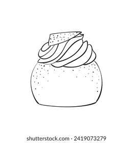 Traditional Swedish semla, hand drawn sketch of sweet pastry isolated, whipped cream filled cardamom bun with almond paste, vector illustration black ink doodle on white background
