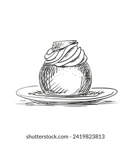 Traditional Swedish semla, hand drawn sketch of sweet pastry on a plate, whipped cream filled cardamom bun with almond paste, vector illustration black ink doodle on white background