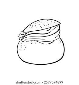 Traditional Swedish semla, hand drawn sketch of sweet pastry isolated, whipped cream filled bun, vector illustration doodle on white background