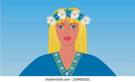 Traditional Swedish (Sweden) woman in summer. Embroidery in Swedish design for national clothing and daisy flower in her hair, as tradition in Sweden at midsummer. Vector illustration. Dimension 16:9.
