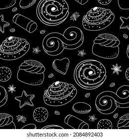Traditional Swedish sweets black and white seamless pattern. Suitable for printing on packaging, paper, for menu design. Vector contour background.