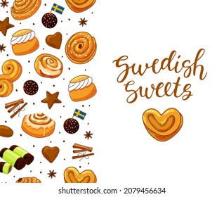 Traditional swedish sweets border and calligraphy. Pepparkakor, cinnamon and choklad boll, delicious dessert. Vector cartoon illustration.