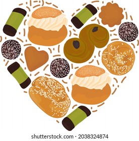 Traditional swedish sweets in heart shape. Vector illustration in cartoon style. Fika time concept.