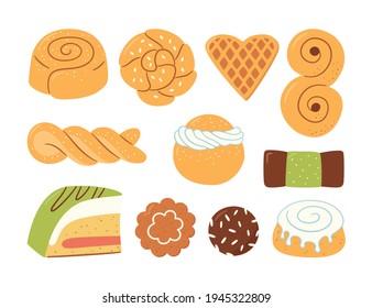 Traditional swedish sweets. Kanelbulle bun, cinnamon roll, Pepparkakor, Semla, lussekatt, dammsugare, prinsesstarta, waffle and chokladboll. Hand drawn isolated vector illustration on white background