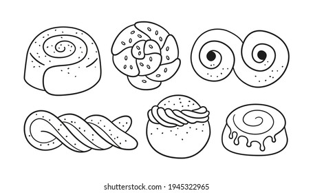 Traditional swedish sweets. Kanelbulle bun, cinnamon roll, Pepparkakor, Semla, lussekatt, dammsugare, prinsesstarta, waffle and chokladboll. Hand drawn isolated vector illustration on white background