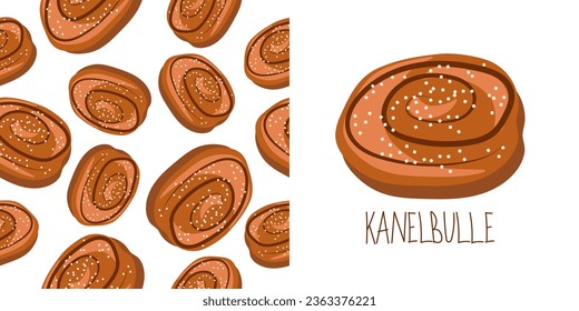 Traditional Swedish sweets. Kanelbulle roll, cinnamon bun. Traditional sweet bun from Scandinavia and the Baltic countries. Seamless pattern. Vector Illustration. For menu, sign, banner, poster.